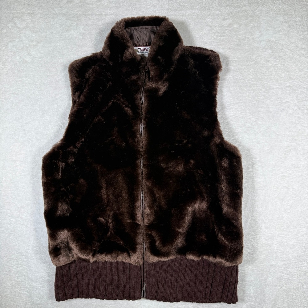 Tiara International Brown Faux Fur Knit Vest Full Zip Collar Size L Womens